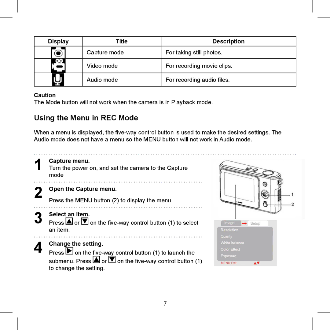 AGFA 505-D, 510-D, 500-D operating instructions Using the Menu in REC Mode 