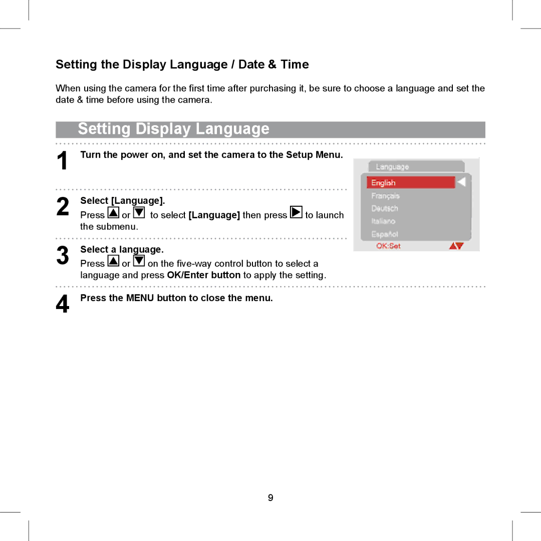 AGFA 510-D, 505-D, 500-D Setting Display Language, Setting the Display Language / Date & Time, Select a language 