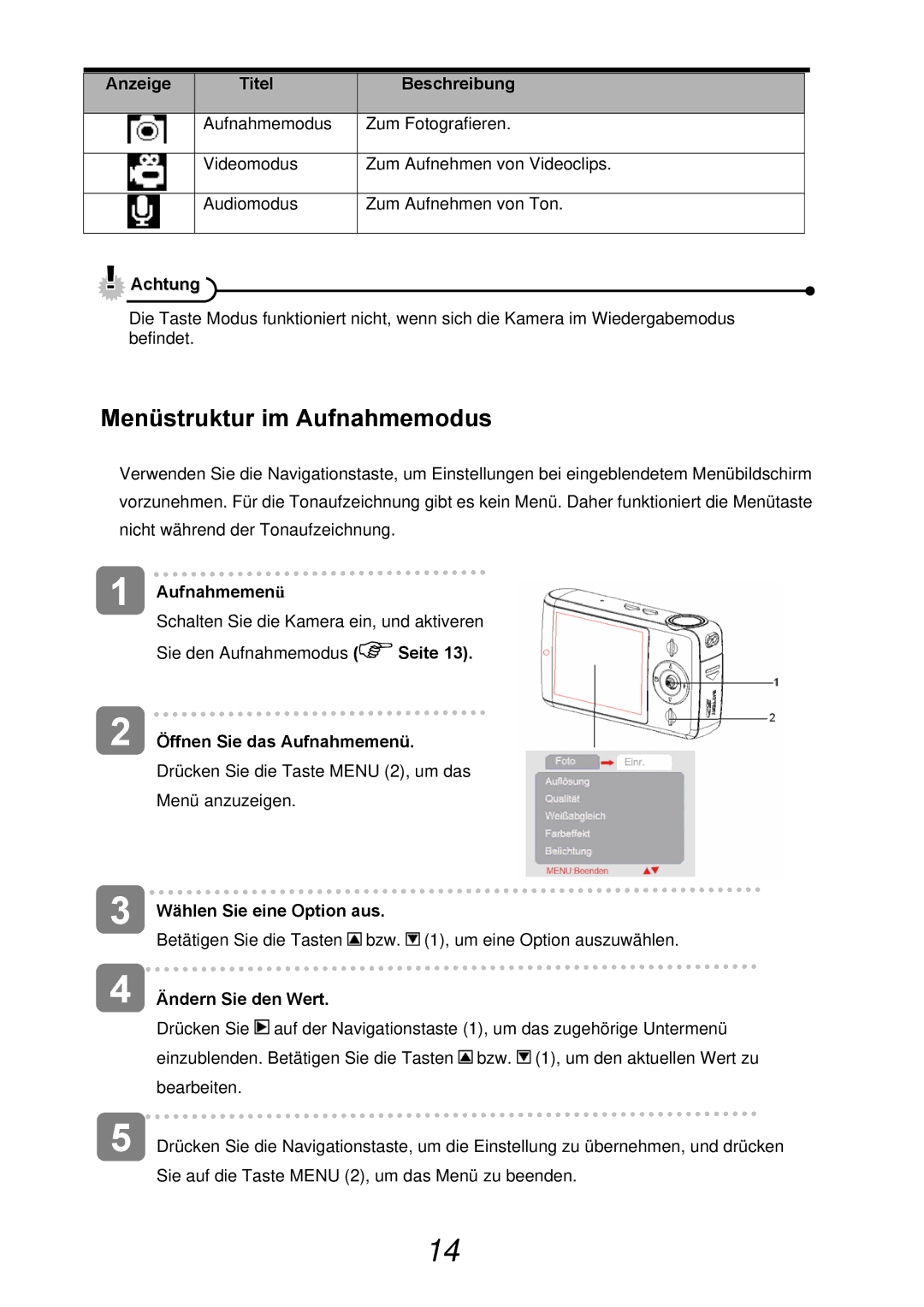 AGFA 500-X, 510-X user manual Menüstruktur im Aufnahmemodus 