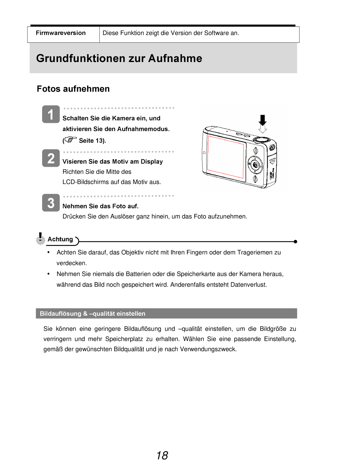 AGFA 500-X, 510-X user manual Grundfunktionen zur Aufnahme, Fotos aufnehmen, Bildauflösung & -qualität einstellen 