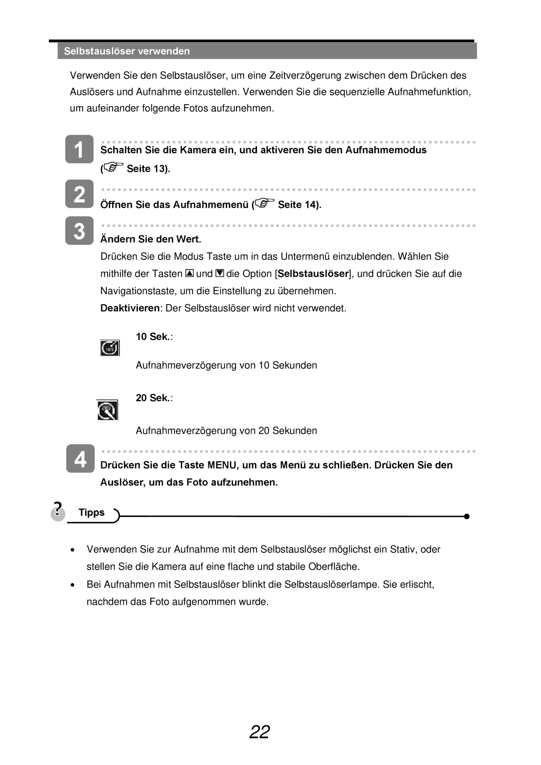 AGFA 500-X, 510-X user manual Selbstauslöser verwenden, 10 Sek, 20 Sek 