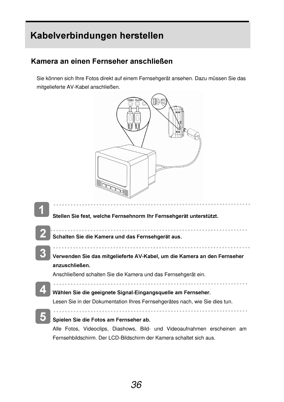 AGFA 500-X, 510-X user manual Kabelverbindungen herstellen, Kamera an einen Fernseher anschließen 