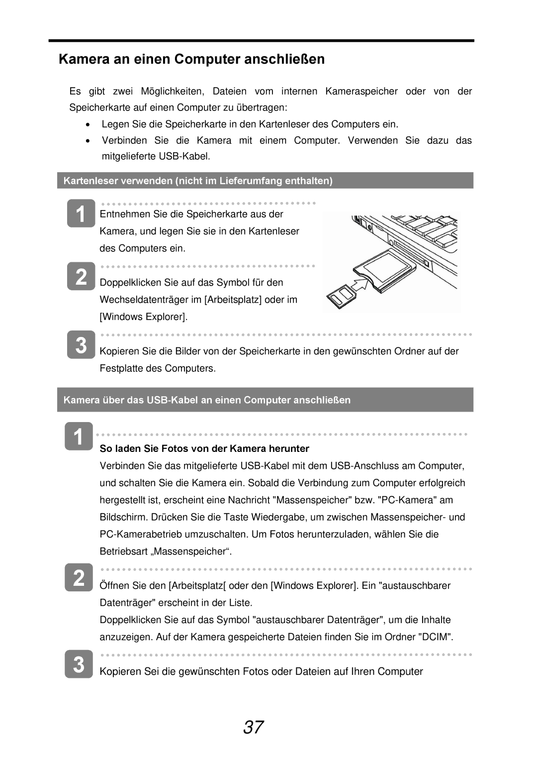 AGFA 510-X, 500-X user manual Kamera an einen Computer anschließen, Kartenleser verwenden nicht im Lieferumfang enthalten 