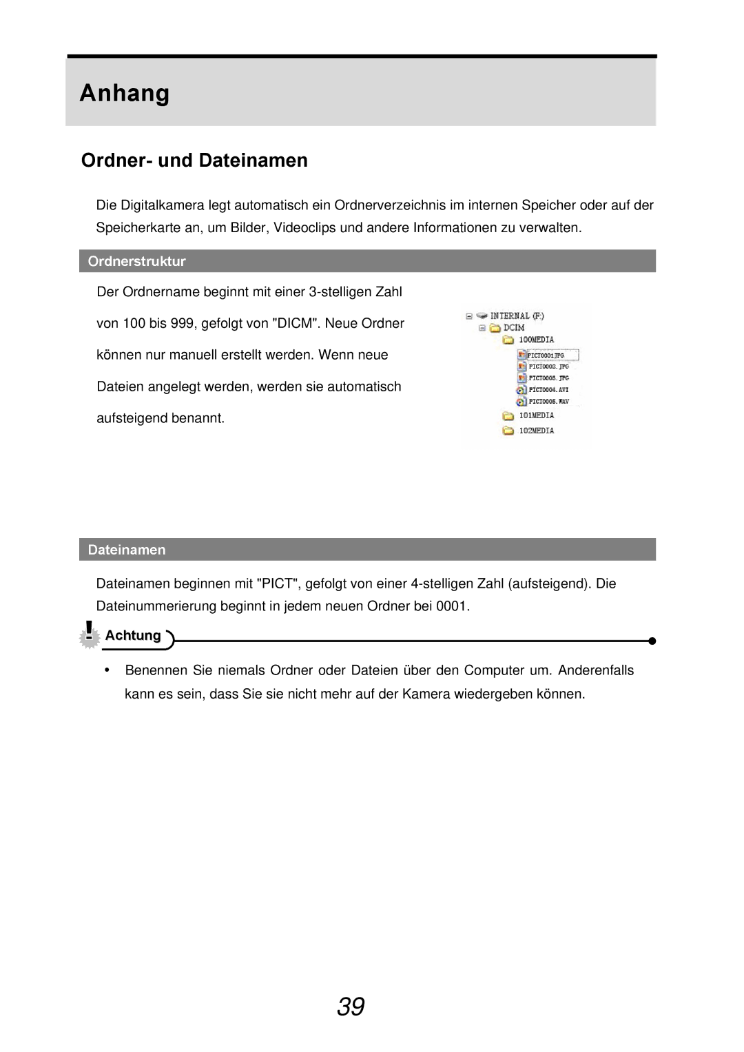 AGFA 510-X, 500-X user manual Anhang, Ordner- und Dateinamen, Ordnerstruktur 