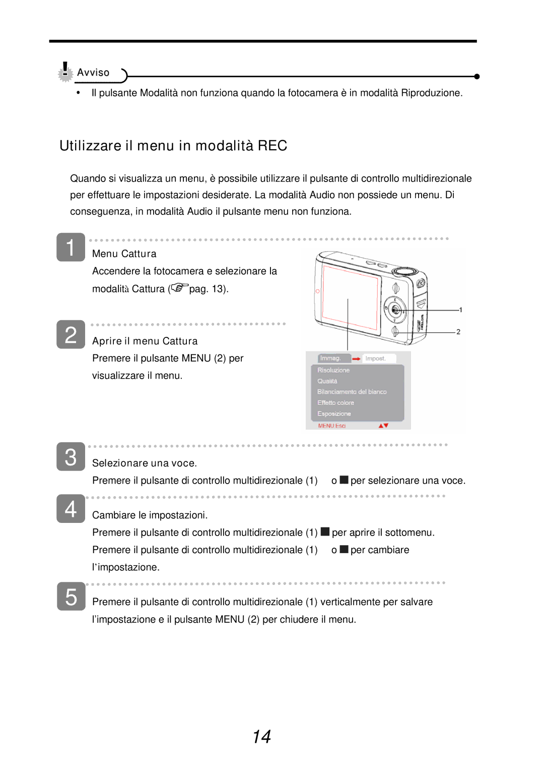 AGFA 500-X, 510-X manual Utilizzare il menu in modalità REC, Menu Cattura, Aprire il menu Cattura, Selezionare una voce 