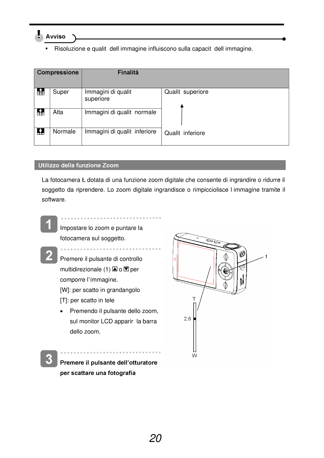 AGFA 500-X, 510-X manual Compressione Finalità, Utilizzo della funzione Zoom, Per scattare una fotografia 