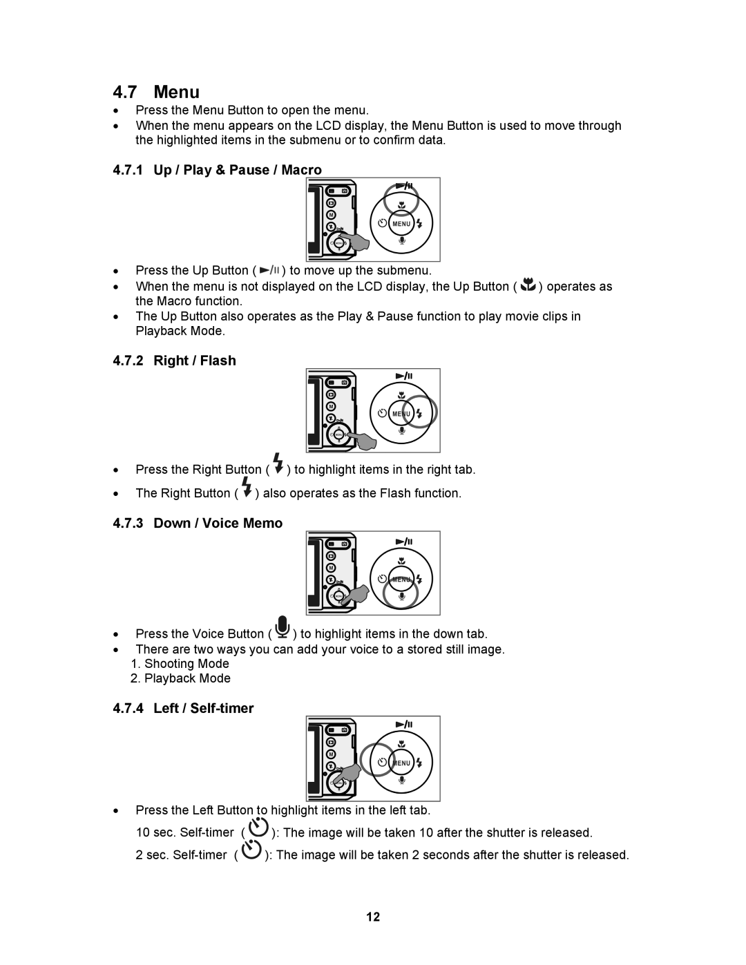 AGFA 530s user manual Menu, 1 Up / Play & Pause / Macro, Right / Flash, Down / Voice Memo, Left / Self-timer 