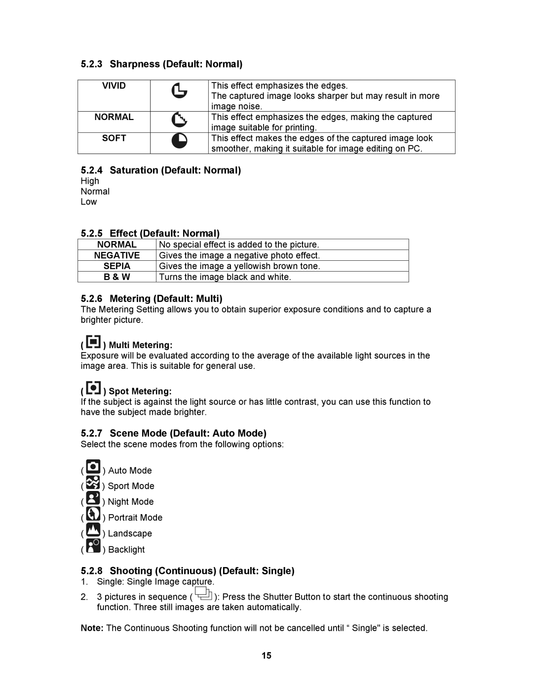 AGFA 530s user manual Sharpness Default Normal, Saturation Default Normal, Effect Default Normal, Metering Default Multi 