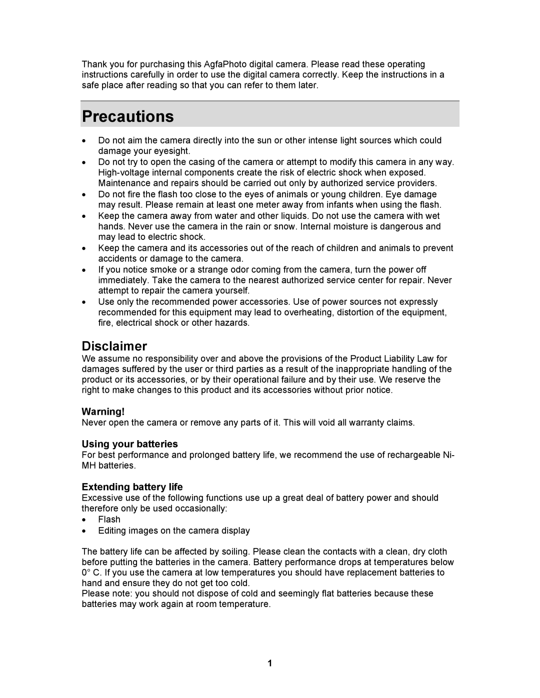 AGFA 530s user manual Precautions, Disclaimer, Using your batteries, Extending battery life 