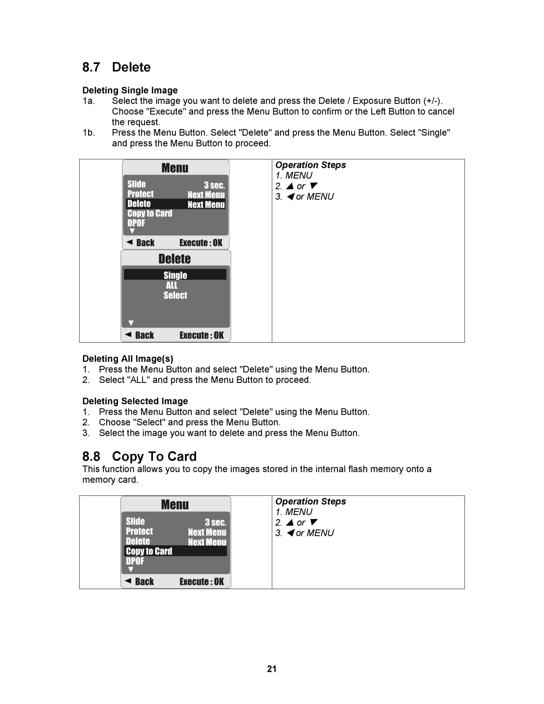 AGFA 530s user manual Delete, Copy To Card, Deleting Single Image, Deleting All Images, Deleting Selected Image 