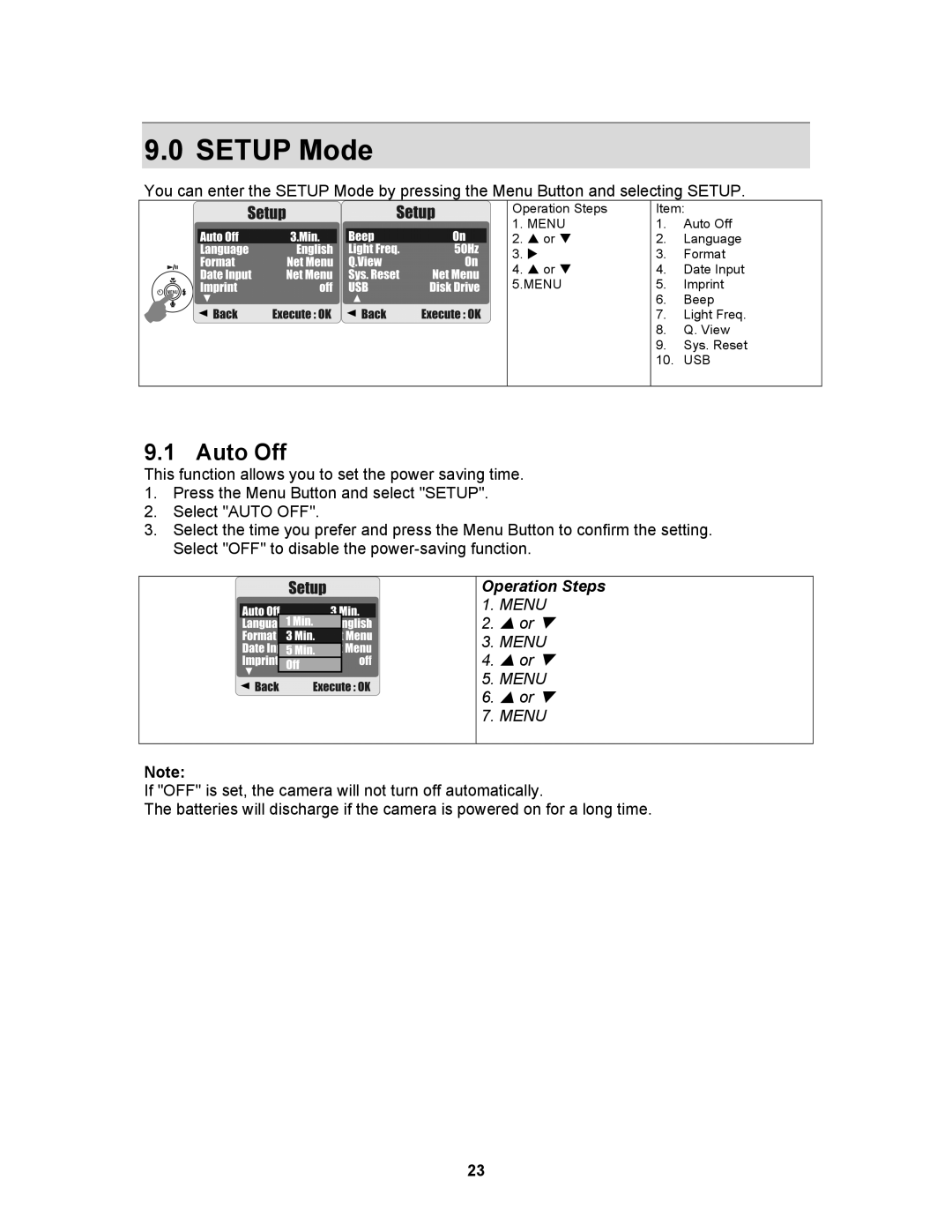 AGFA 530s user manual Setup Mode, Auto Off 