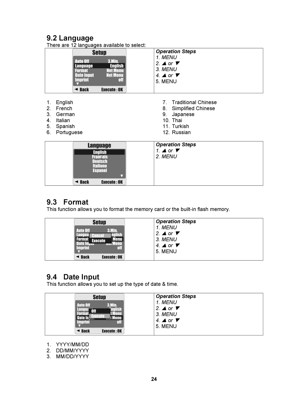 AGFA 530s user manual Language, Format, Date Input 