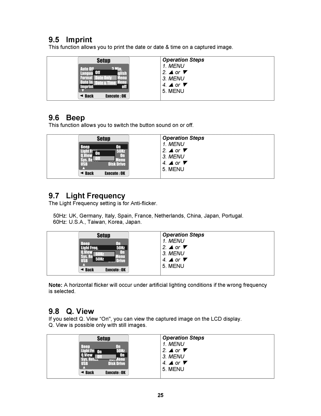 AGFA 530s user manual Imprint, Beep, Light Frequency, Q. View 