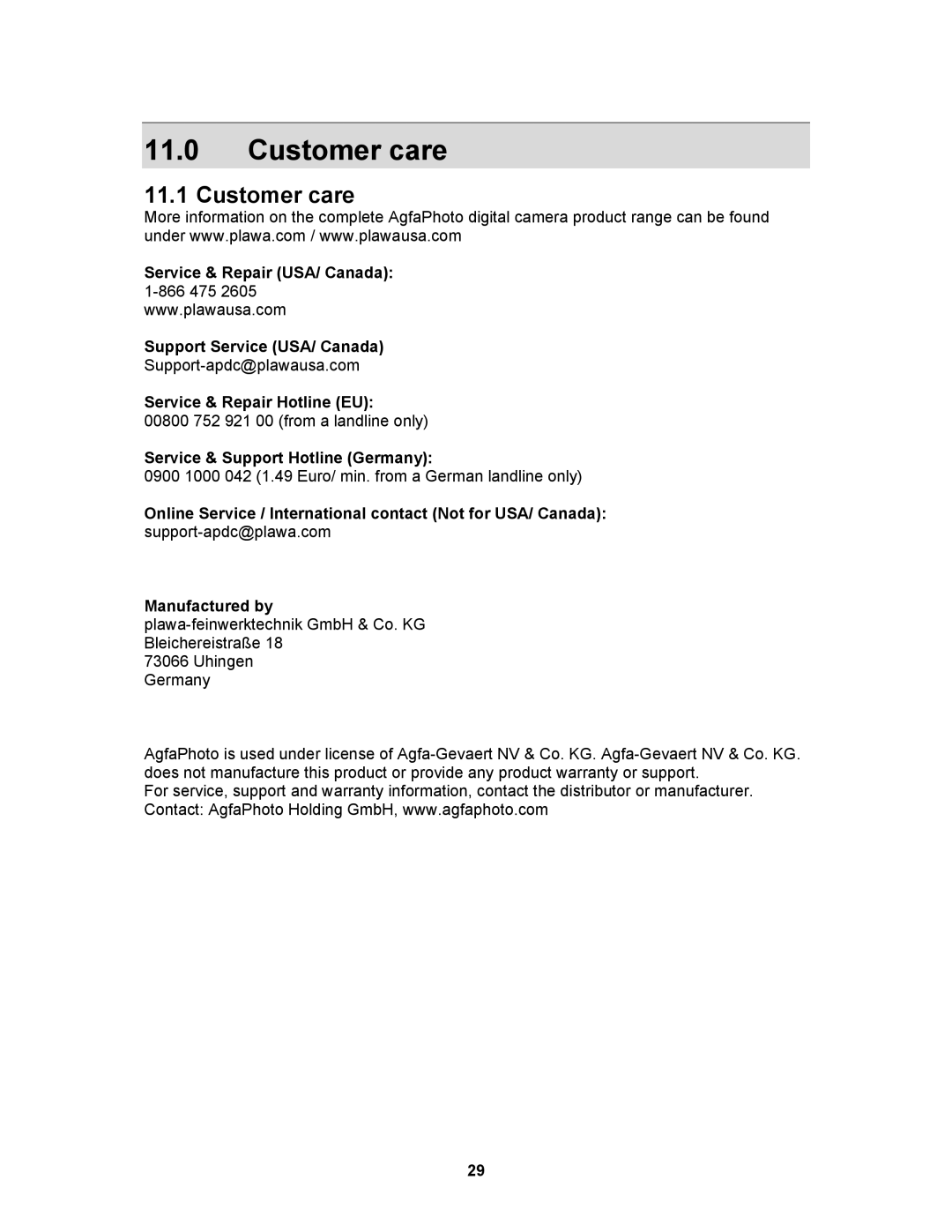 AGFA 530s user manual Customer care 