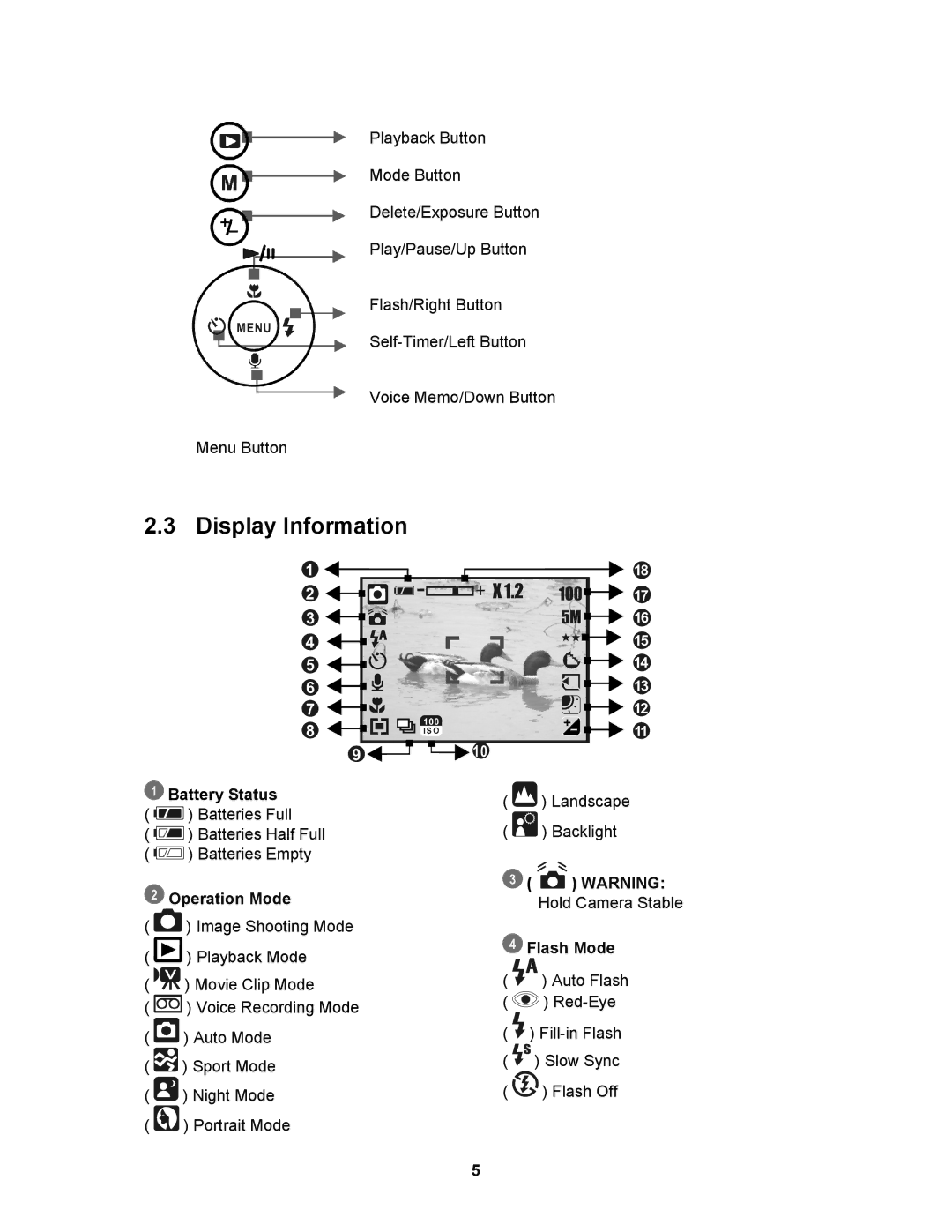 AGFA 530s user manual Display Information, Battery Status, Operation Mode, Flash Mode 