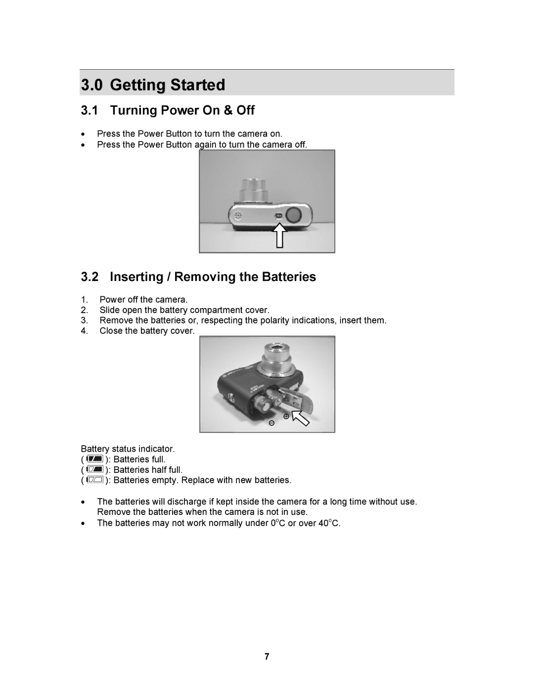 AGFA 530s user manual Getting Started, Turning Power On & Off, Inserting / Removing the Batteries 