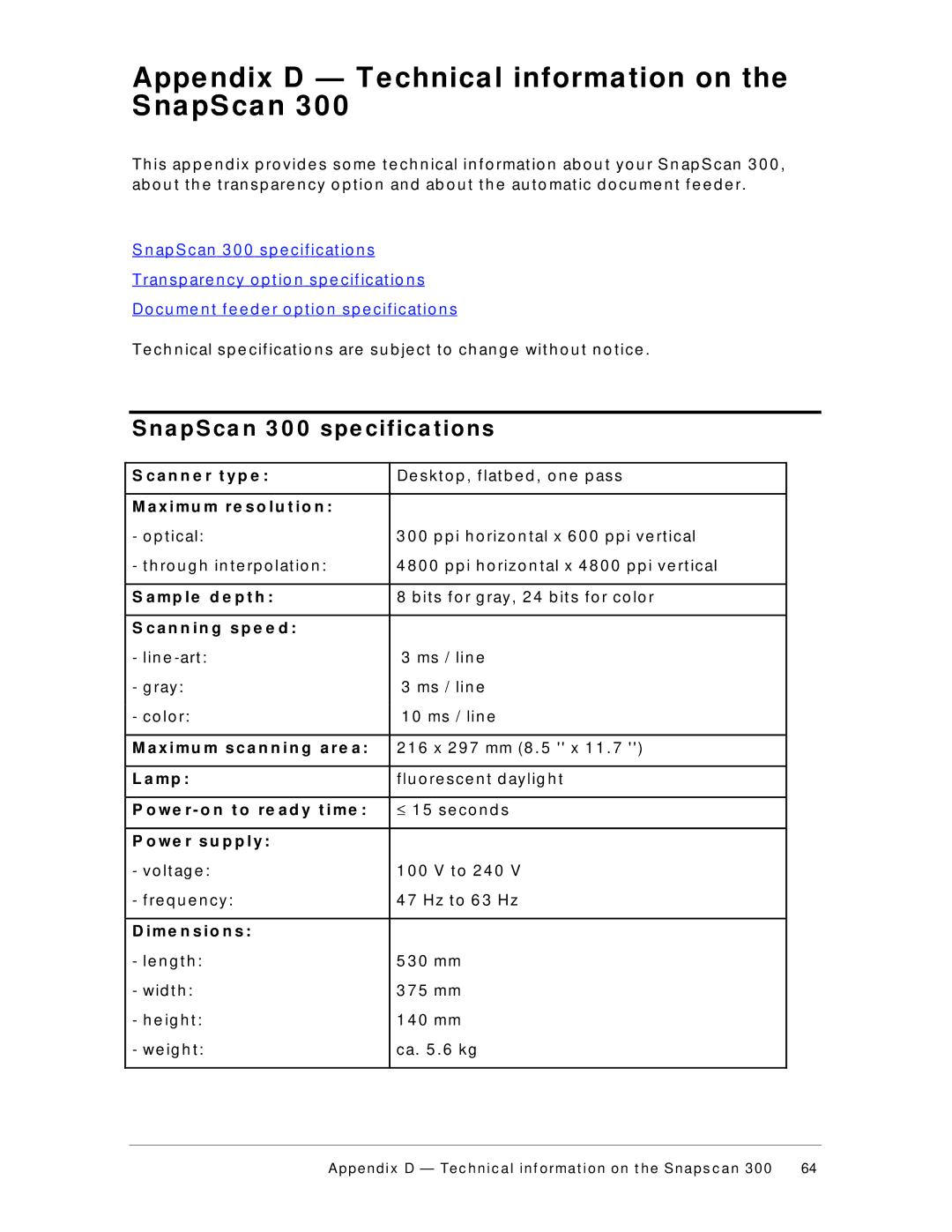 AGFA 600, 300 appendix Na pS ca n 3 0 0 spe cifica tions 