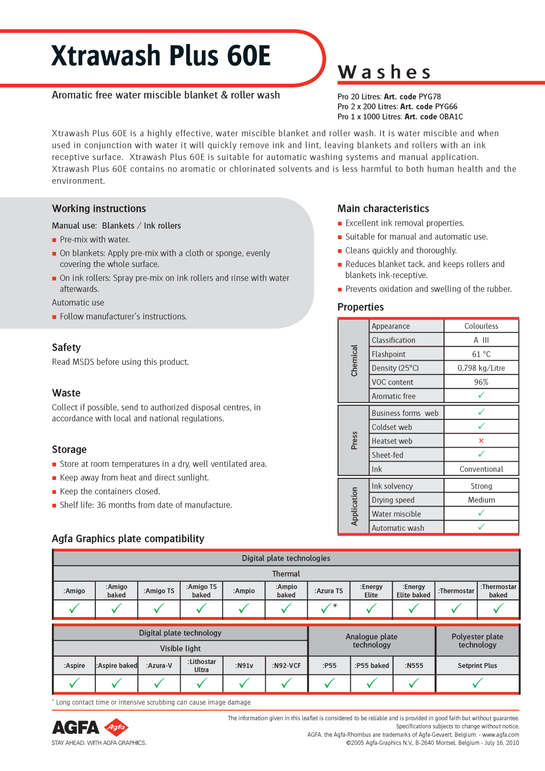 AGFA 60E specifications Working instructions, Safety, Waste, Storage, Properties 