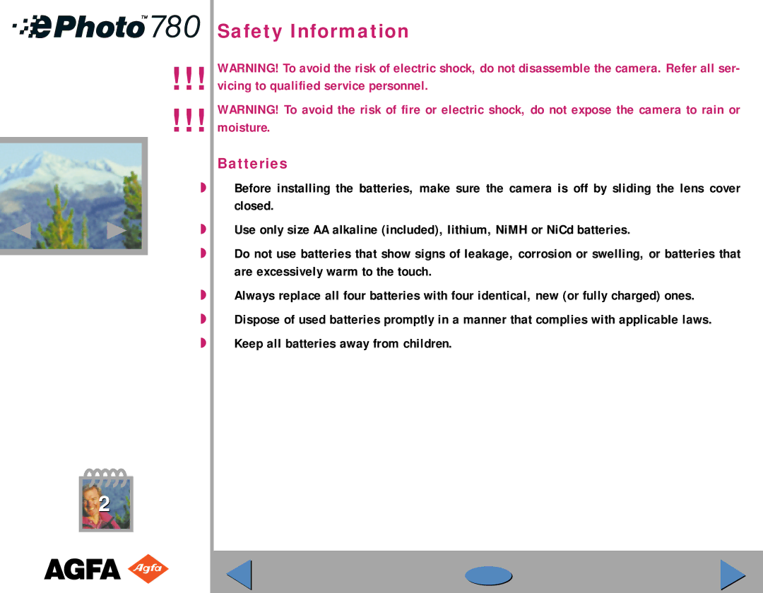 AGFA 780 quick start Safety Information, Batteries 