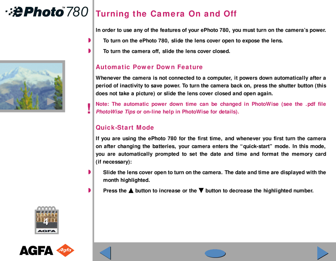 AGFA 780 quick start Turning the Camera On and Off, Automatic Power Down Feature, Quick-Start Mode 