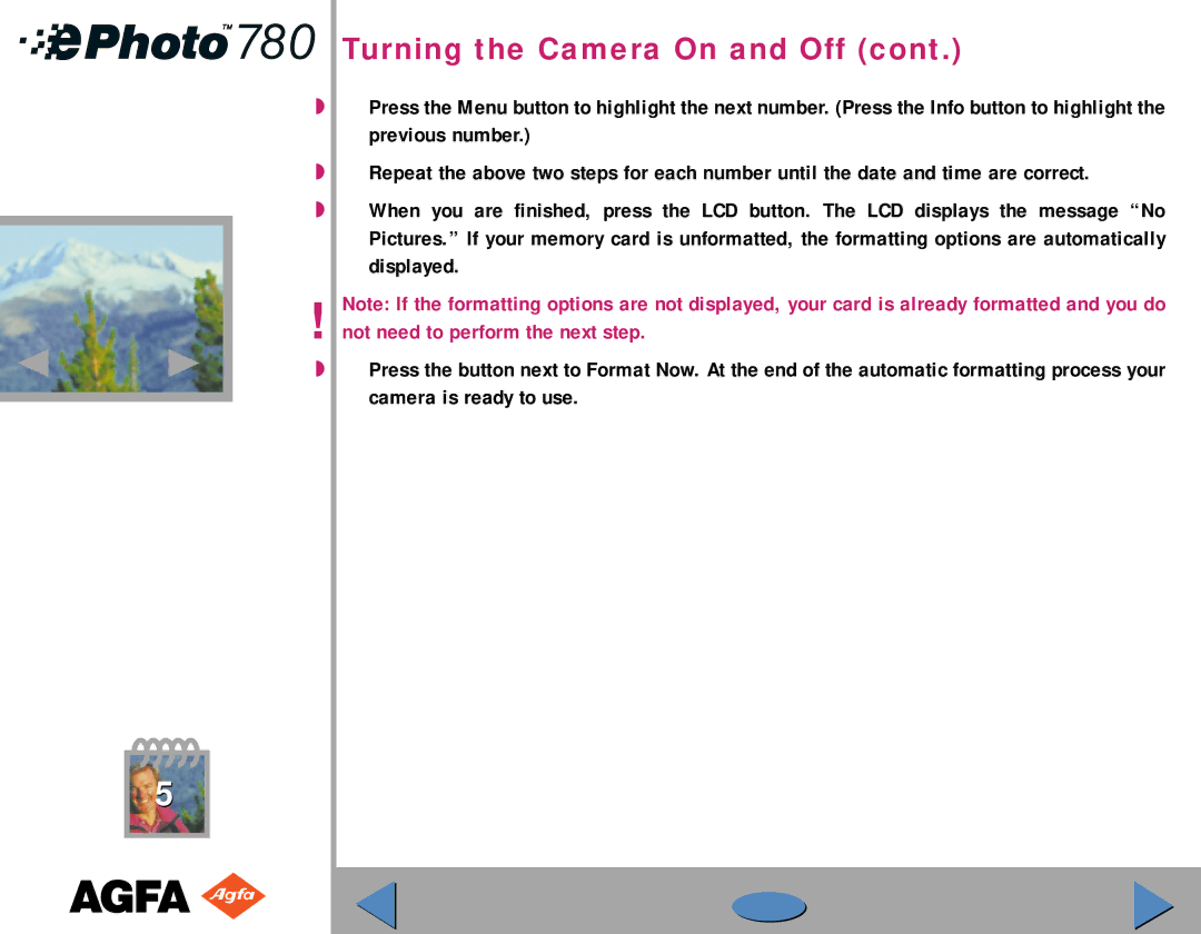 AGFA 780 quick start Turning the Camera On and Off 