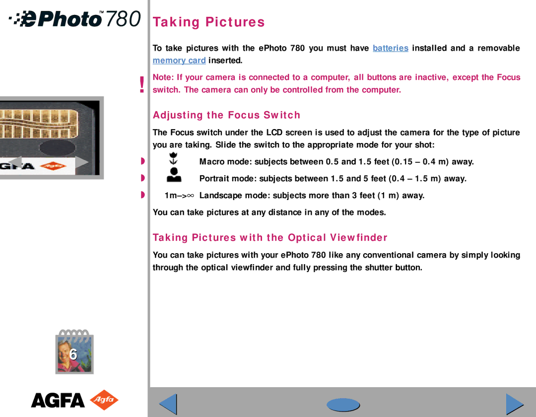 AGFA 780 quick start Adjusting the Focus Switch, Taking Pictures with the Optical Viewfinder 