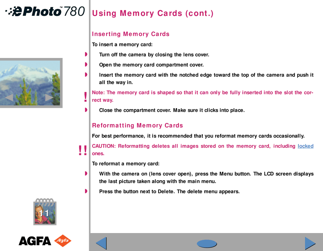 AGFA 780 quick start Inserting Memory Cards, Reformatting Memory Cards 