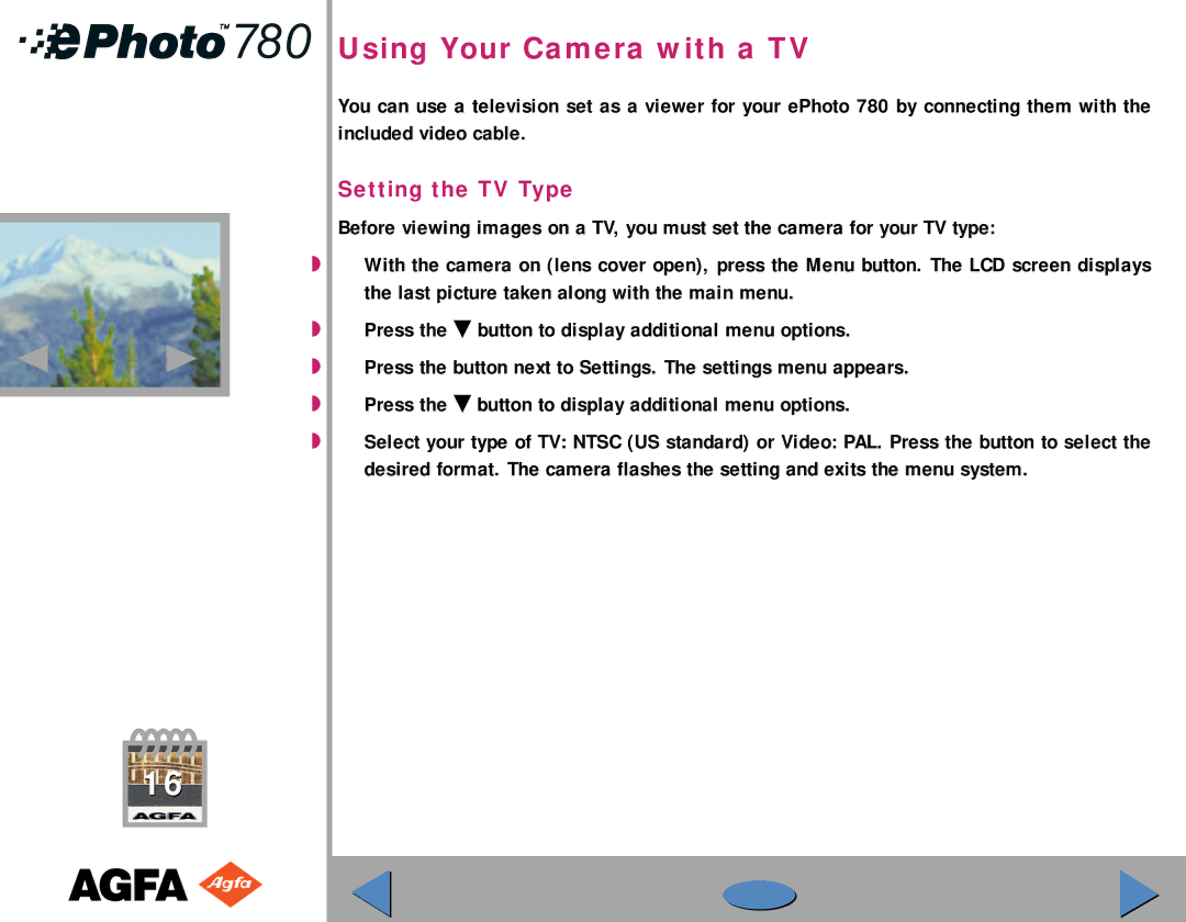 AGFA 780 quick start Using Your Camera with a TV, Setting the TV Type 