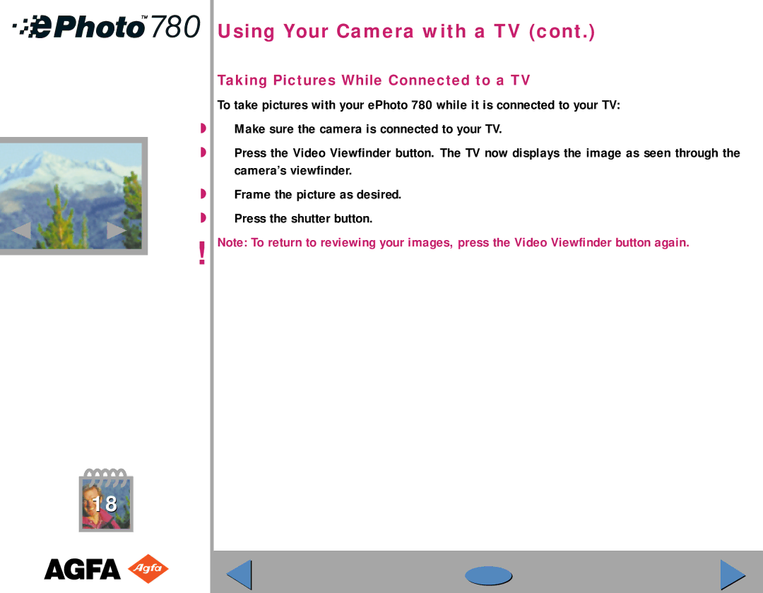 AGFA 780 quick start Taking Pictures While Connected to a TV 
