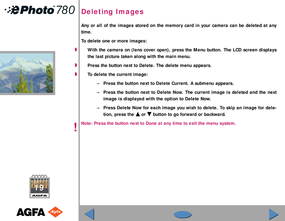 AGFA 780 quick start Deleting Images 