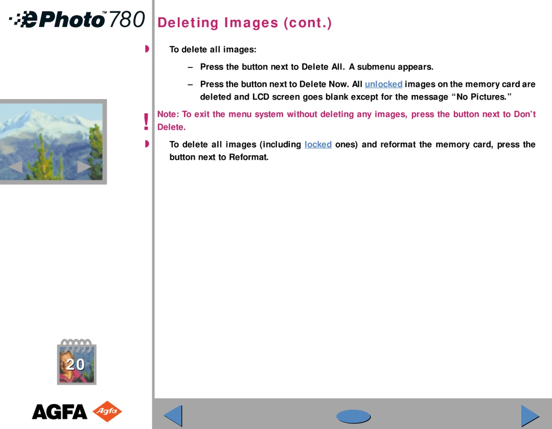 AGFA 780 quick start Deleting Images 