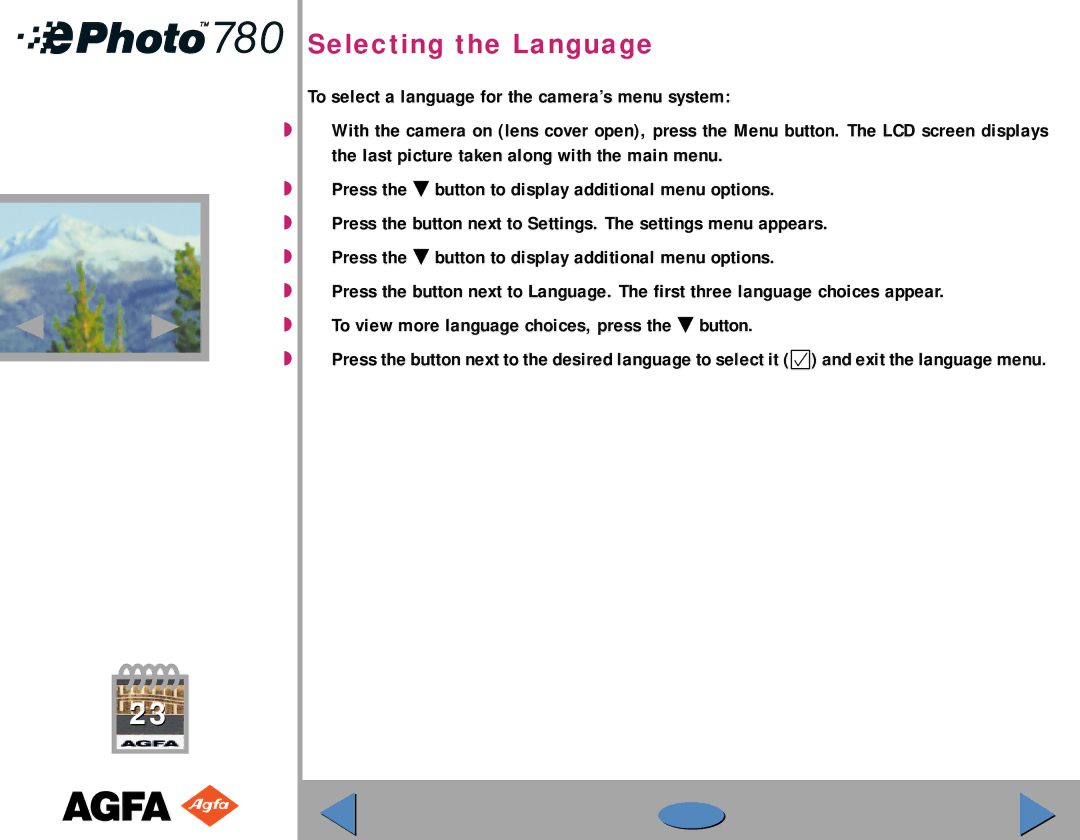 AGFA 780 quick start Selecting the Language 