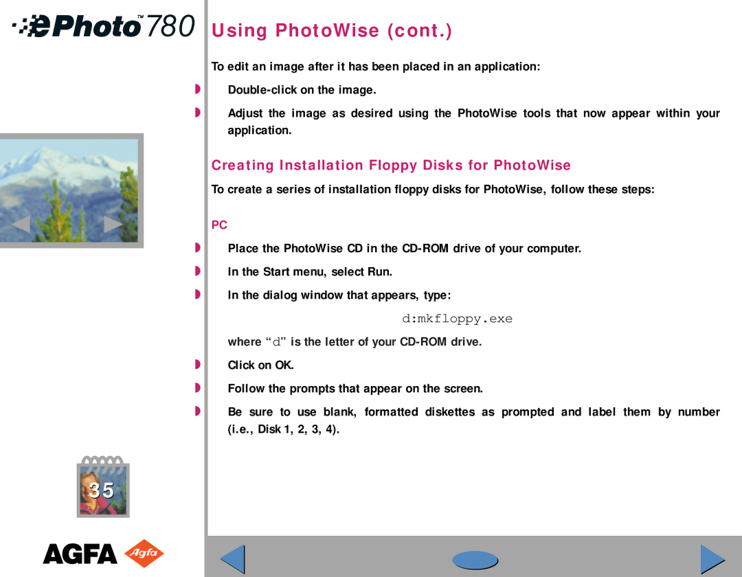 AGFA 780 quick start Creating Installation Floppy Disks for PhotoWise 