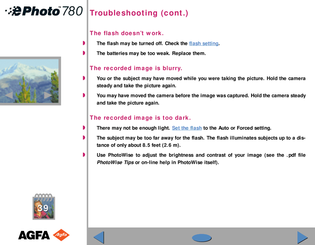 AGFA 780 quick start Flash doesn’t work, Recorded image is blurry, Recorded image is too dark 