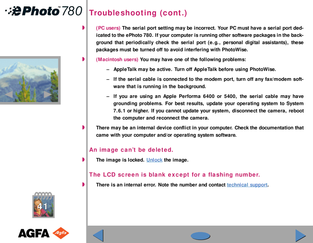 AGFA 780 quick start An image can’t be deleted, LCD screen is blank except for a flashing number 