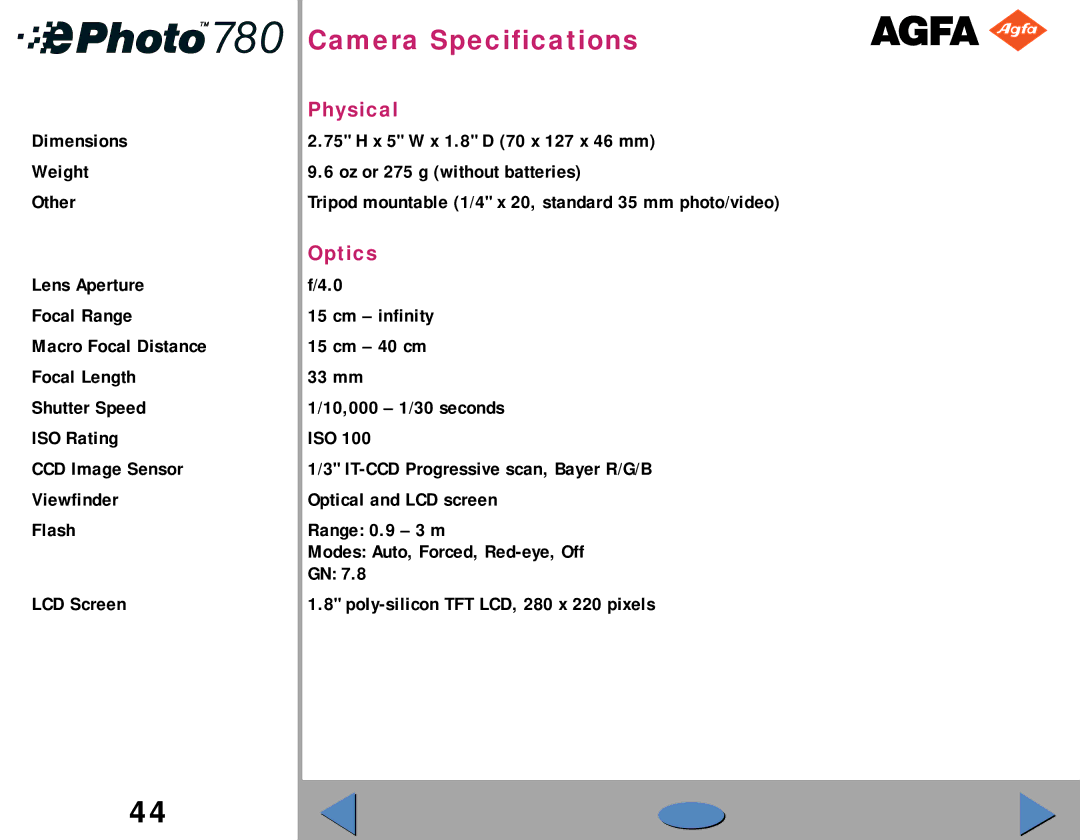 AGFA 780 quick start Camera Specifications, Physical, Optics 