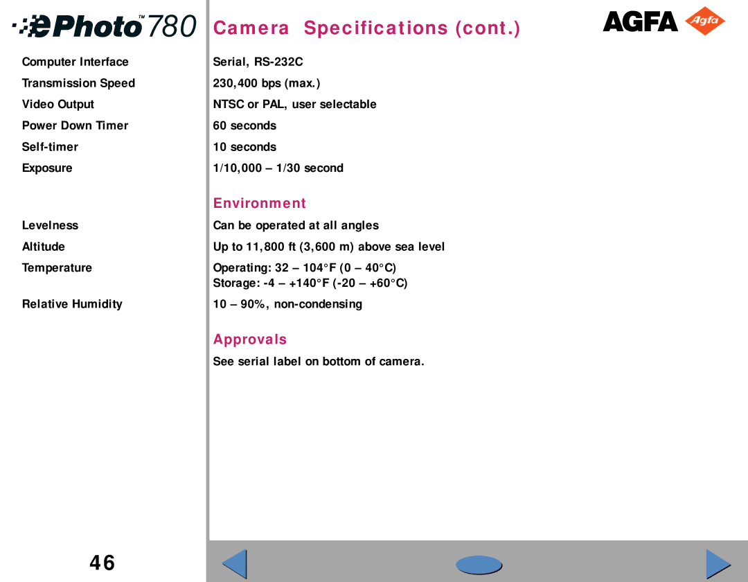 AGFA 780 quick start Environment, Approvals 