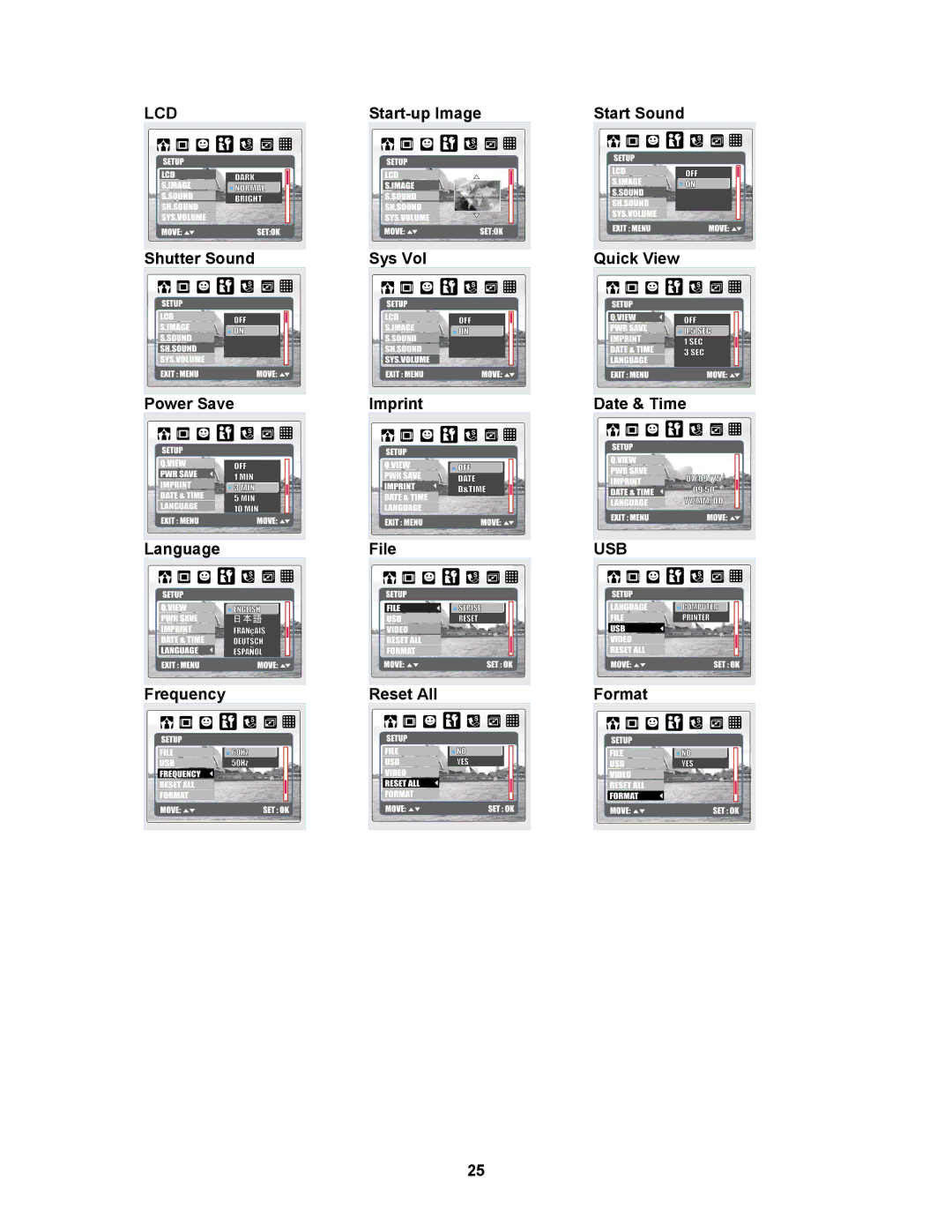 AGFA 830s user manual Start-up Image, Shutter Sound Sys Vol, Power Save Imprint, Language File, Frequency Reset All 