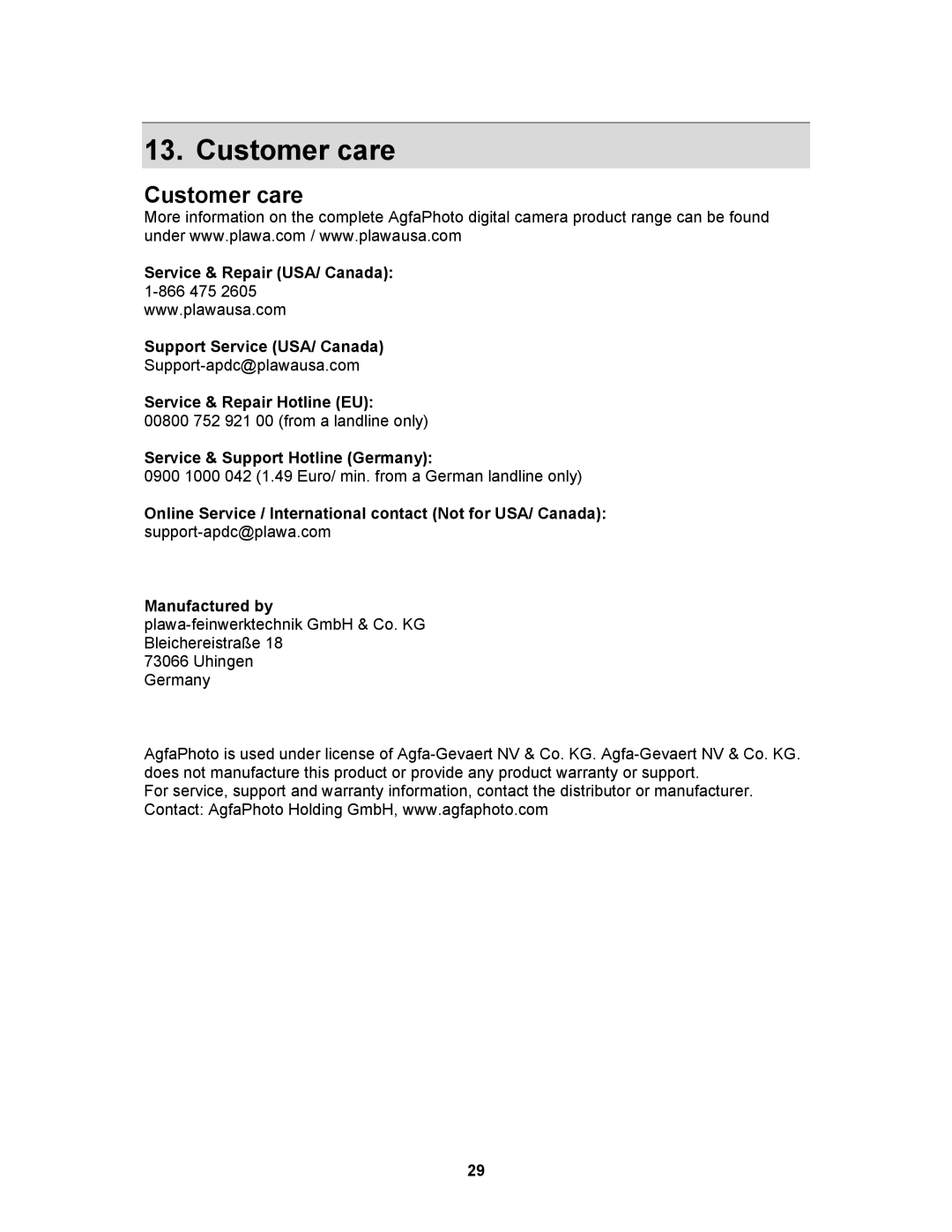 AGFA 830s user manual Customer care 