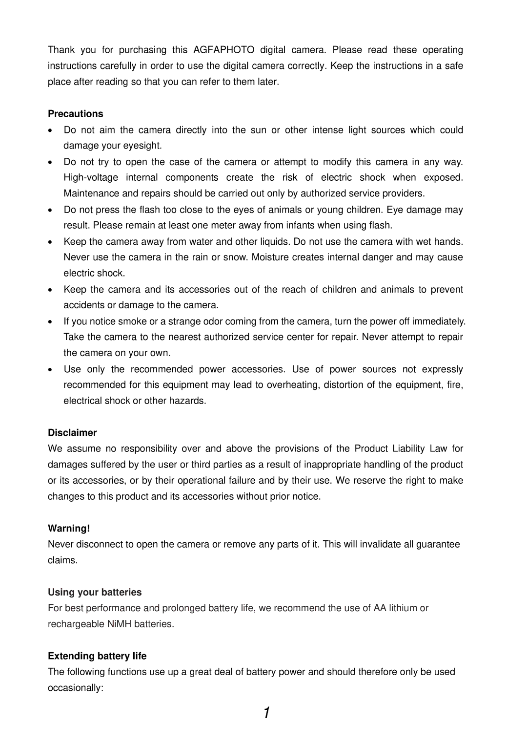 AGFA AP DC-733i Black operating instructions Precautions, Disclaimer, Extending battery life 