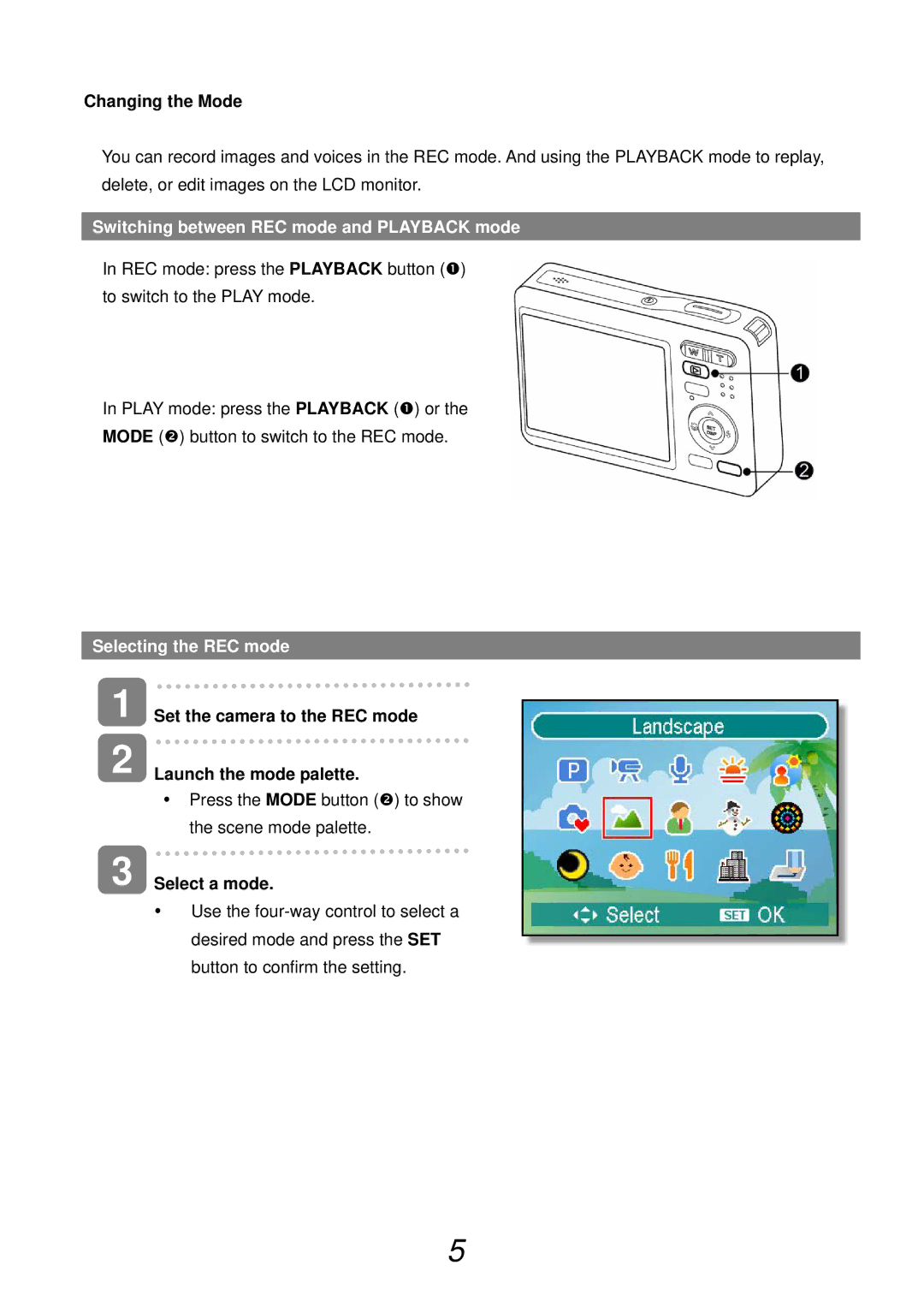 AGFA AP DC-733i Black Changing the Mode, Switching between REC mode and Playback mode, Selecting the REC mode 