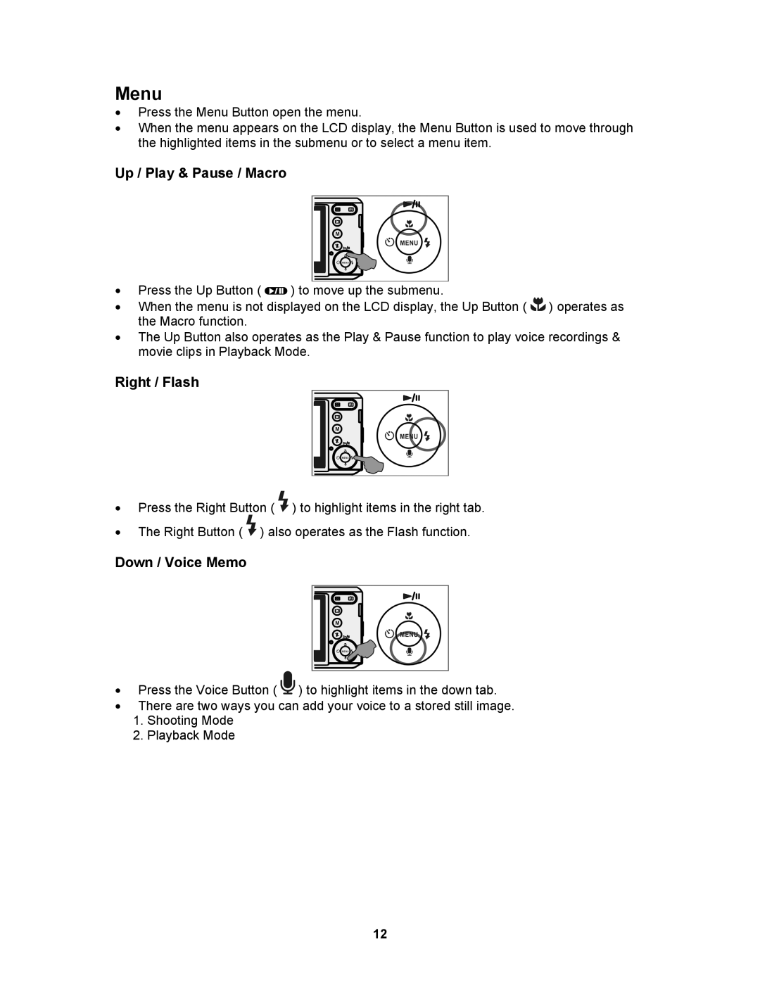 AGFA AP Sensor 830 operating instructions Menu, Up / Play & Pause / Macro, Right / Flash, Down / Voice Memo 