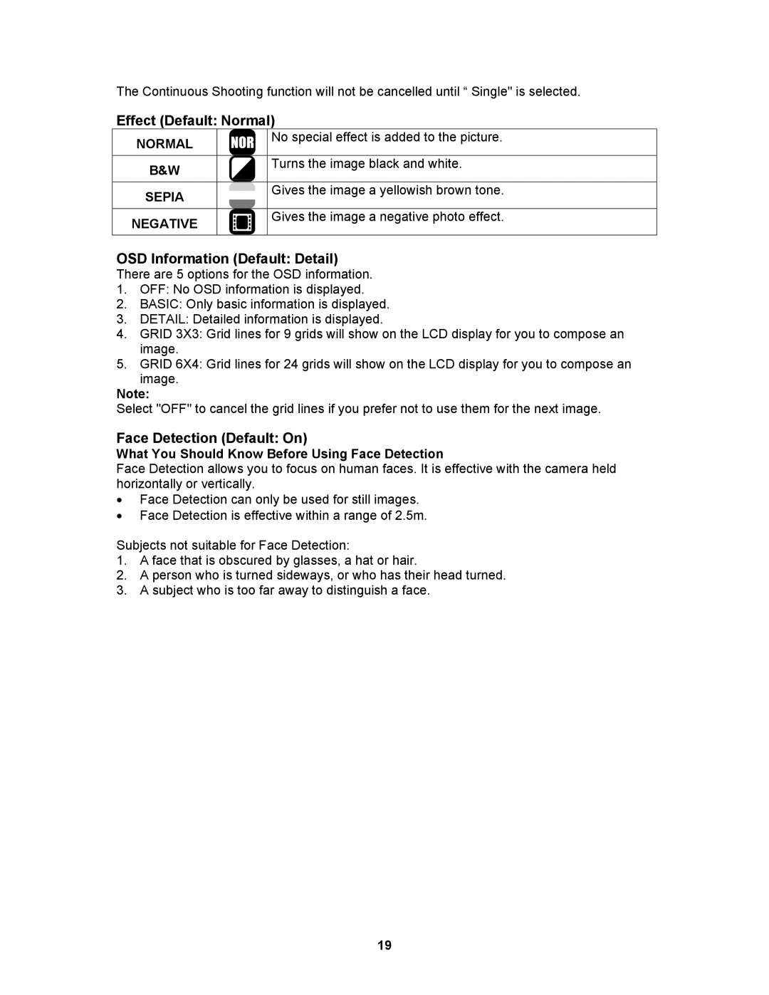 AGFA AP Sensor 830 operating instructions Effect Default Normal, OSD Information Default Detail, Face Detection Default On 