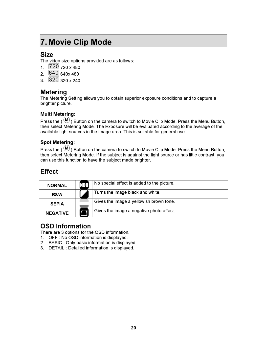 AGFA AP Sensor 830 operating instructions Movie Clip Mode, Size, Metering, Effect, OSD Information 