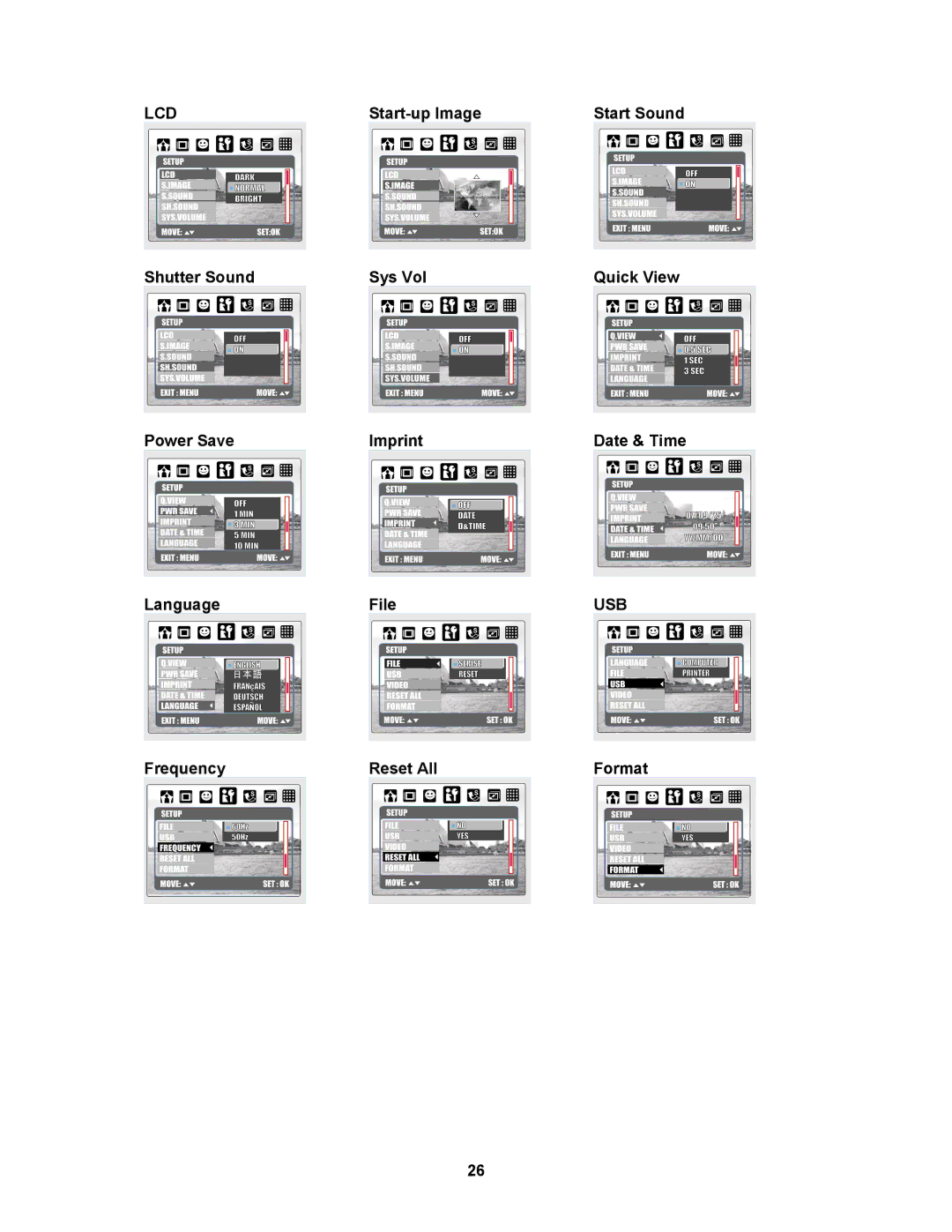 AGFA AP Sensor 830 Start-up Image, Shutter Sound Sys Vol, Power Save Imprint, Language File, Frequency Reset All 