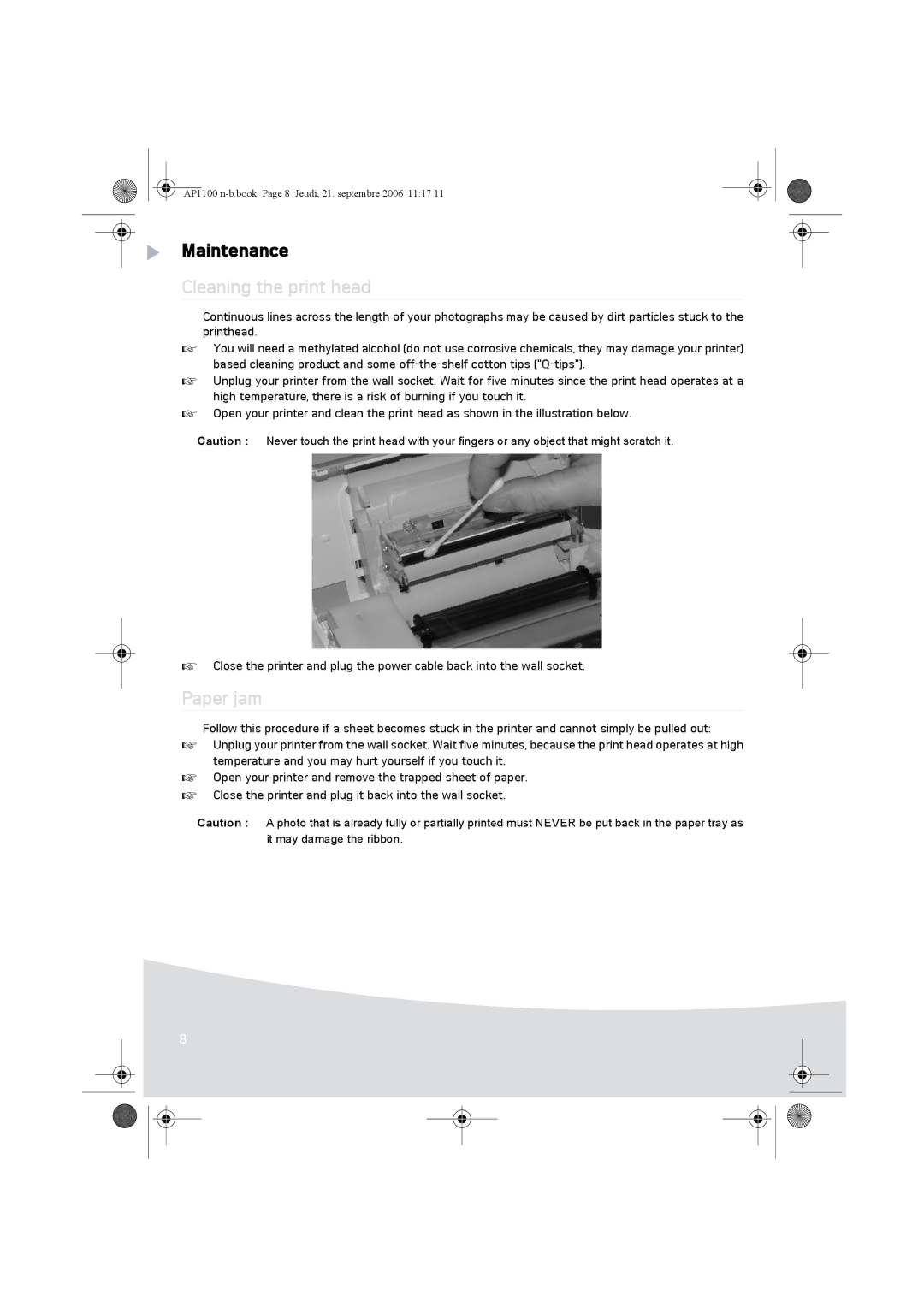 AGFA AP1100 manual Maintenance, Cleaning the print head, Paper jam 