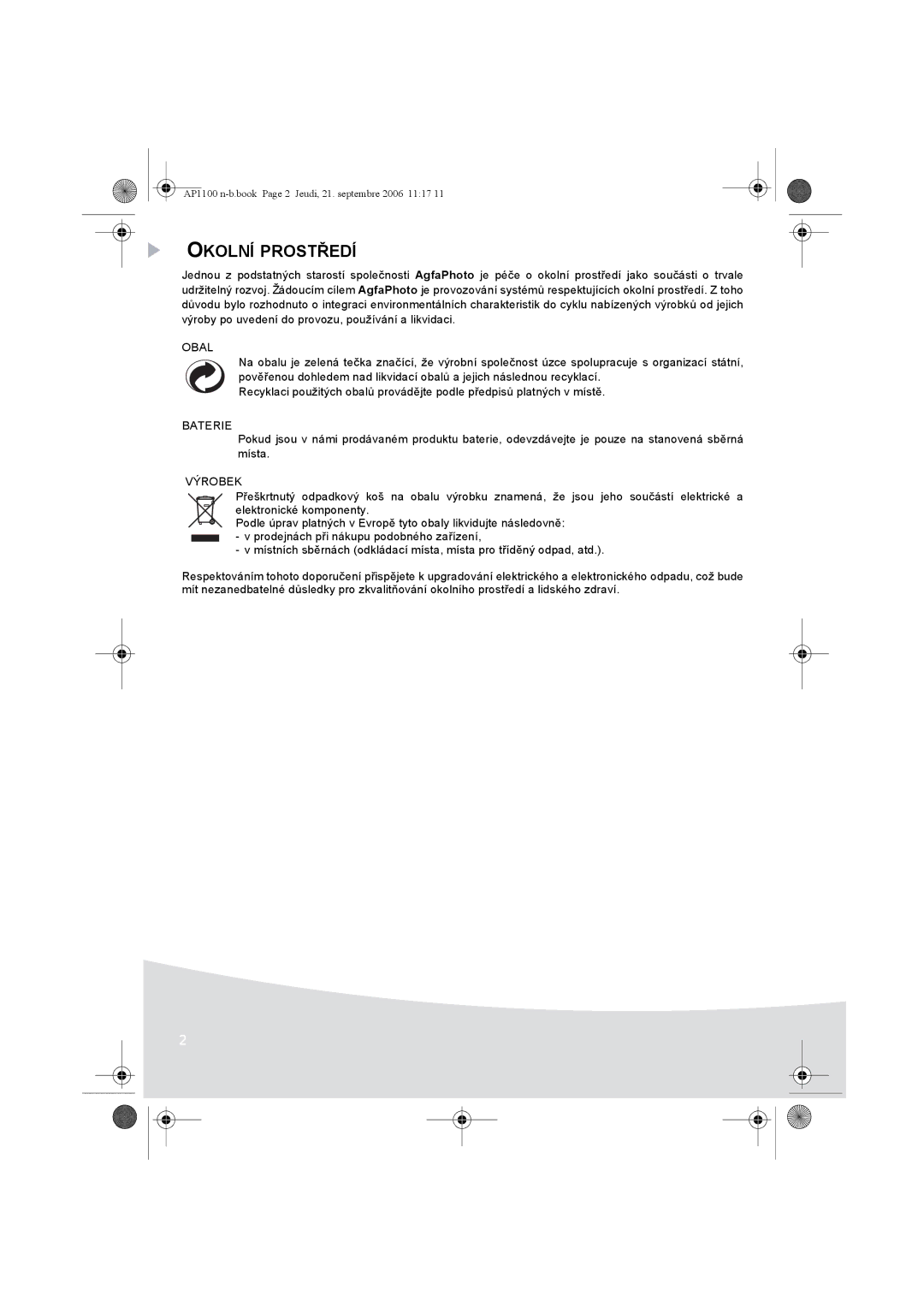 AGFA AP1100 manual Okolní Prostředí, Obal, Baterie, Výrobek 