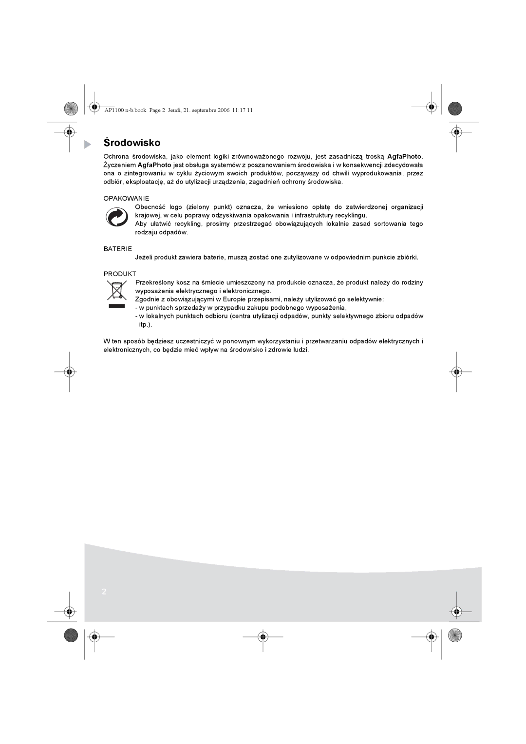 AGFA AP1100 manual Środowisko, Opakowanie, Produkt 
