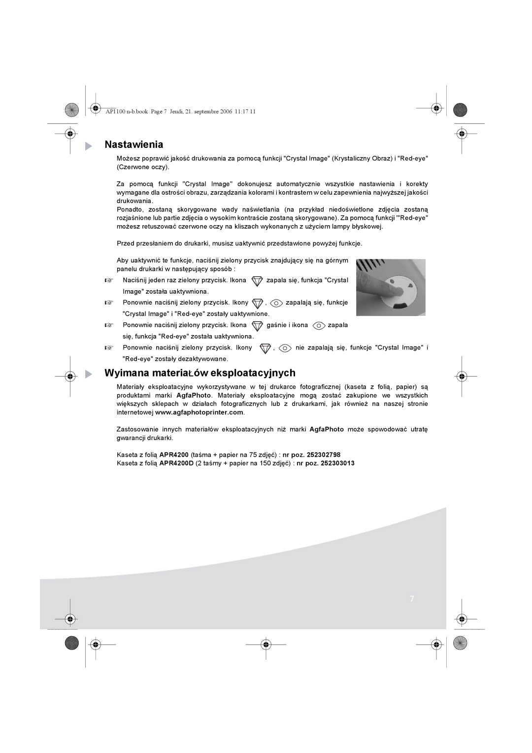 AGFA AP1100 manual Nastawienia, Wyimana materiaŁów eksploatacyjnych 