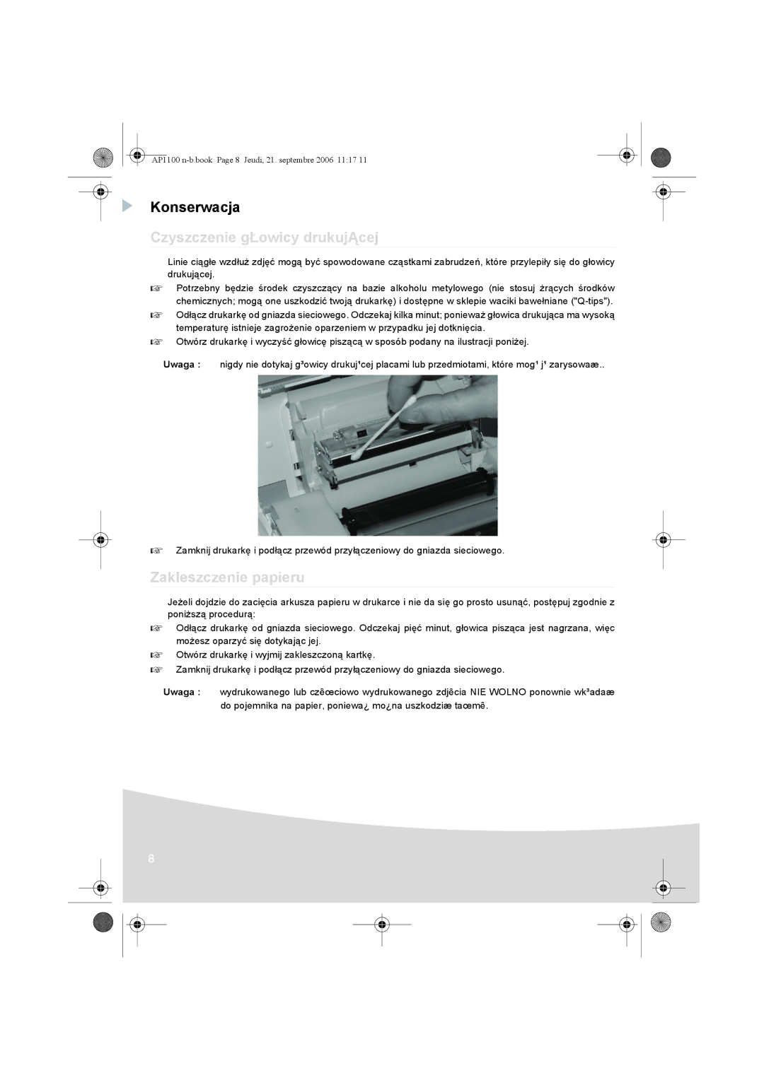 AGFA AP1100 manual Konserwacja, Czyszczenie gŁowicy drukujĄcej, Zakleszczenie papieru 